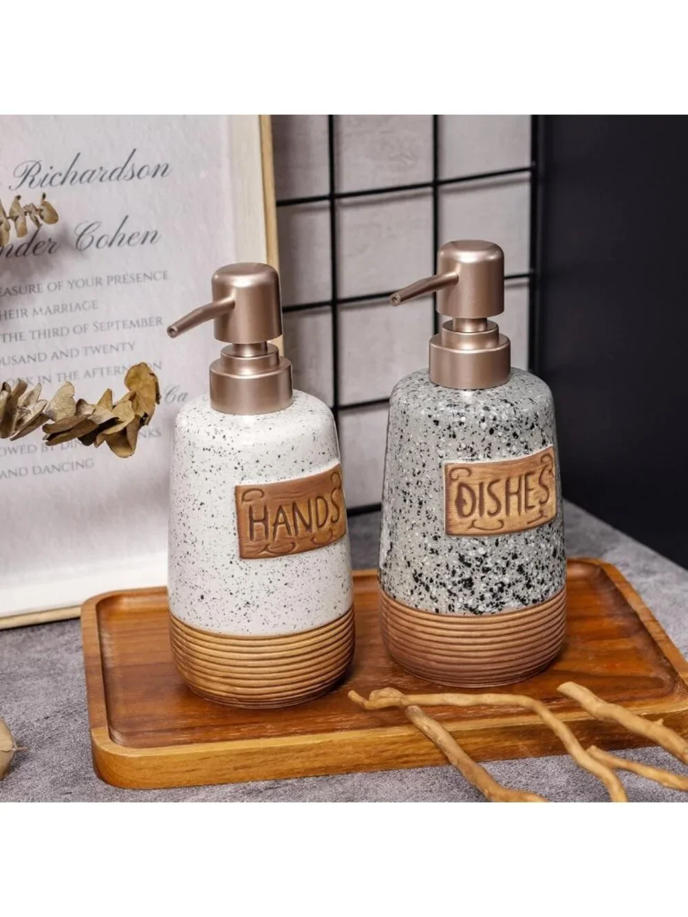 Farmhouse Ceramic Soap Dispenser Set for Kitchen & Bathroom, Vintage 15 OZ Decor